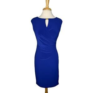 RALPH LAUREN LRL Cobalt Blue Keyhole Gold Logo Faux Wrap Dress Sz 6 Jersey Knit